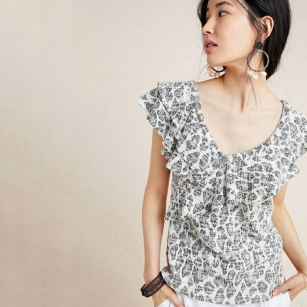 NWT Dolan Anthropologie Asymmetrical Black & White Tweed Ruffle Top-Size Medium - Picture 3 of 14